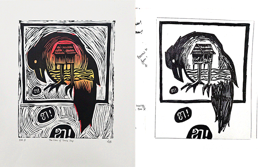 The Crow of Tonle Sap linoprint process animated gif